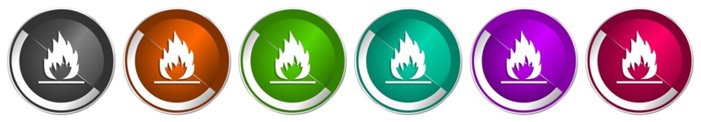Aufkleber - Flame icon set, silver metallic chrome border vector web buttons in 6 colors options for webdesign