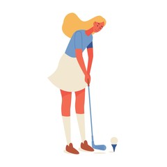 Wall Mural - Young woman training golf course. Flat illustration with one female character with long hair in summer clothes