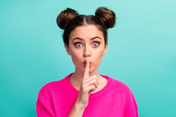 Canvas Print - Close-up portrait of her she nice attractive lovely charming pretty mysterious girl showing shh sign isolated over bright vivid shine vibrant blue turquoise color background