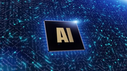 Poster - digital 3d render of computer chip over circuit background with ai sign. ai(artificial intelligence)