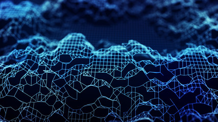 Poster - Network of lines and dots. Big data visualization. Technological 3D landscape. 3D rendering.