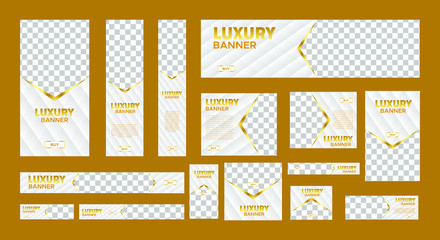 set of white luxury web banners of standard size with a place for photos. Vertical, horizontal and square template. Business ad banner