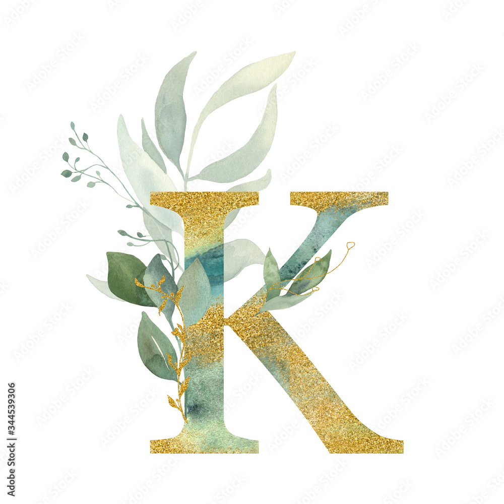 Floral alphabet, letter K with watercolor green and gold  leaf. Perfectly for wedding invitations, greeting card, logo, poster and other design.  - obrazy, fototapety, plakaty 