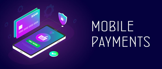 Poster - mobile payment concept - a smartphone with attached bank cards for secure payment transaction of the