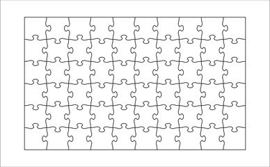 Fototapete - Set of fifty eight puzzle pieces. Puzzle with different types of details and the ability to move each part. Black and white vector illustration