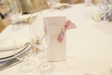 Close up wedding reception table from a vintage restaurant