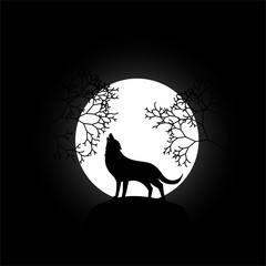 Wall Mural - silhouette of a wolf and tree in the night