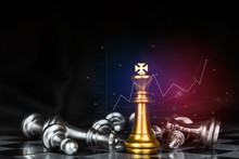 Golden King Surrounded With Silver Chess Pieces On Chess Board Game Competition With Graphic Graph Chart On Dark Background, Chess Battle, Victory, Success, Team Leader, Business Strategy Concept