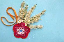 Beautiful Handmade Felt Flower With Bouquet Of Spiraea And Daisies In It. Birthday Concept