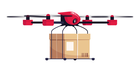 Poster - Drone delivery semi flat RGB color vector illustration. Automated flying robot for express goods shipping. Innovative courier service. Cardboard package isolated cartoon object on white background