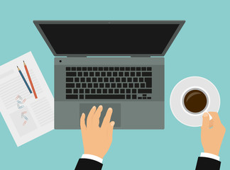 Poster - Flat design illustration of a manager's hand holding a cup of coffee and working on a laptop. Paper and pencils on table top, vector top view