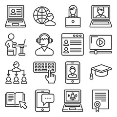 Online Education Icons Set on White Background. Line Style Vector