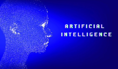 Wall Mural - Silhouette of a human head made of dots and particles. Conceptual image of AI (artificial intelligence), VR (virtual reality), Deep Learning and Face recognition systems.