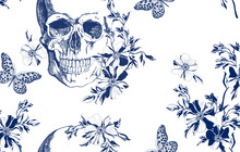 Vintage Blue Skull With Flowers And Butterflies Seamless Pattern