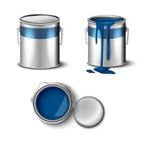 Set Of Paint Can Blue Color  Top And Side View. Packaging Mockup Template 
