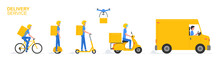Online Delivery Service. Truck, Electric Scooter, Gyroboard, Scooter And Bicycle Courier. Delivery Service Concept. Flat Style