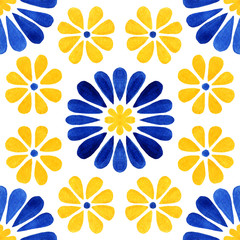 Azulejos tile. Traditional watercolour Portuguese Mosaic tile decoration. Watercolor blue and yellow flowers artwork. Antique ceramics tileable, heritage. Old painted panel with floral pattern