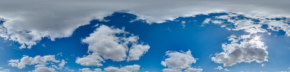 Wall Mural - Sky 360 with clouds and sun. Image with 3D spherical panorama with 360 degree viewing angle. Ready for virtual reality in vr. Semi equirectangular projection. Background for games. Huge resolution.