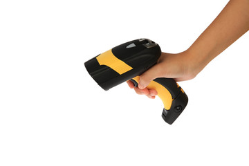 Young woman's hand hold Barcode Scanner for stock receiver