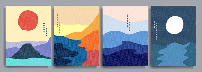 Wall Mural - vector illustration. abstract flat minimalist design landscape set. mount fuji, desert, sea, moon at