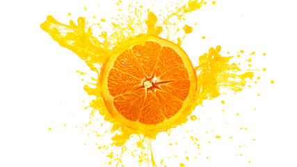 Poster - Freeze motion of sliced orange with splashing juice isolated on white background