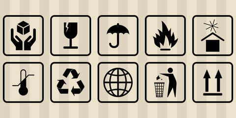 FRAGILE MARK label, box signs, shipping mark, package markings, stamp fragile label. FRAGILE set contain this way up icon, keep dry icon. Fragile box, cargo warning vector signs. Vector illustration