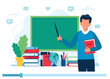 Online learning concept. Teacher with books and chalkboard, video lesson. Vector illustration in flat style