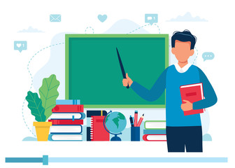 Aufkleber - Online learning concept. Teacher with books and chalkboard, video lesson. Vector illustration in flat style