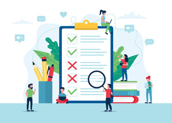Wall Mural - survey of customer satisfaction. big paper with ticks and crosses. small people characters. vector i