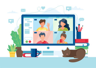 Wall Mural - Computer with group of people doing video conference. Online meeting via group call. Vector illustration in flat style