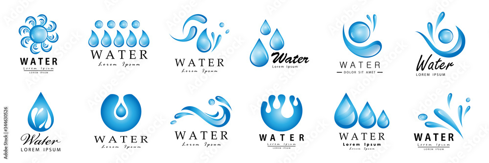 Water Splash Vector And Drop Set - Isolated On White. Abstract Vector Collection Of Flat Water Splash and Drop Logo. Icons For Droplet, Water Wave, Rain, Raindrop, Company Logo And Bubble Design - obrazy, fototapety, plakaty 