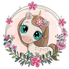 Wall Mural - cartoon unicorn with flowers on a pink background