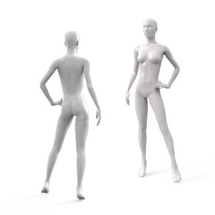 Wall Mural - White plastic female mannequin for clothes. Commercial equipment for shop windows. Front and back view. 3d illustration isolated on a white background.