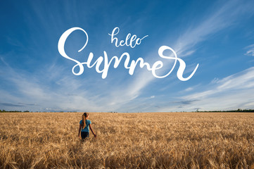 Wall Mural - landscape with wheat field and teen girl and text