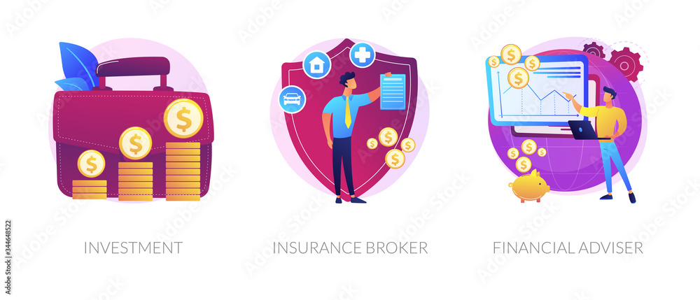 Finances management, economic protection service, professional consulting icons set. Investment, insurance broker, financial adviser metaphors. Vector isolated concept metaphor illustrations - obrazy, fototapety, plakaty 