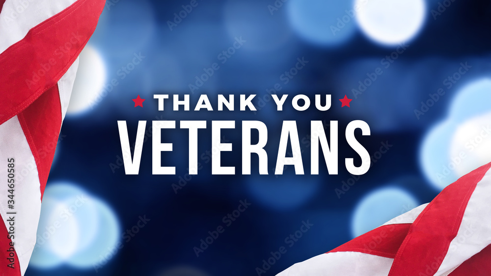 Thank You Veterans Text with American Flag Over Blue Lights Background for Memorial Day and Veterans Day Holidays - obrazy, fototapety, plakaty 