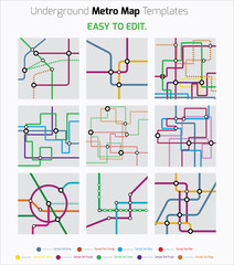 Subway tube map - set of 9 patterns. City transportation vector grid scheme. Metro underground map. DLR and crossrail design template. 