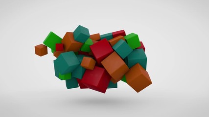 Poster - 3D animation of the appearance of many colored cubes of different sizes on a white background. 4K abstraction, a symbol of childhood, simplicity and joy. The idea for the banners and screensavers.