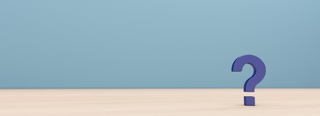 Question Mark Model with glossy effect over wooden floor and free copy space for your text. 3D Render Illustration