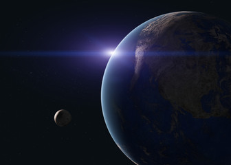 Wall Mural - planet earth and moon in the space wiyh lens flare. science fiction 3d render. elements of this imag