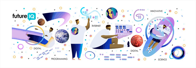 Science Fiction: Future Technologies and Artificial Intelligence. Vector illustration of people in digital and outer space - programmers and scientists at work.
