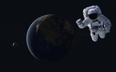 Wall Mural - astronaut near earth planet and moon of solar system at night. science fiction 3d render. elements o