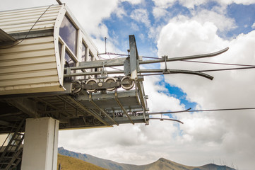 Pichincha, Ecuador September 18, 2017: Close up of teleferico metallic structure machine from where works, in a foggy day, on the top of the Pichincha mountain, in Quito, Ecuador