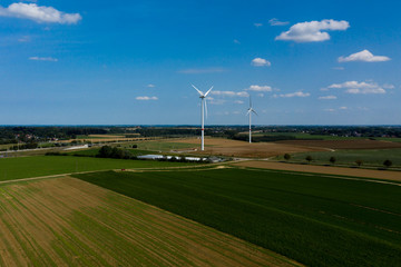 Aerial view of a wind turbine in Berloz, Belgium