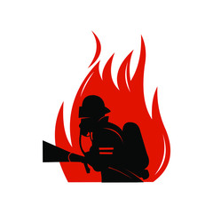 Wall Mural - Firefighter with a hose sign. Vector Illustration. Great for any fire safety design projects. Vector Illustration.