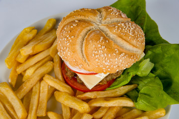 meat burger platter between bread with salad, tomato sauce, ketcup, french fries