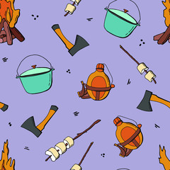 Wall Mural - Camping. Seamless pattern on a lilac background. Ax, flask, cauldrons, stick with marshmallows. Cartoon style. Stock illustration.