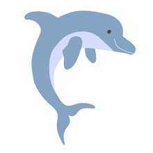 Cute Blue Dolphin Smiles Isolated On A White Background. Sea Animal Symbol Of Kindness In The World Of Fish. Swimming, Surfing, Swimming School. Vector Illustration With Sea Animal In Flat Style
