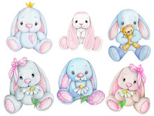 Set Of Cute Cartoon Adorable Bunny Rabbits Hares Sitting. Watercolor Hand Drawn Illustrations, Isolated.