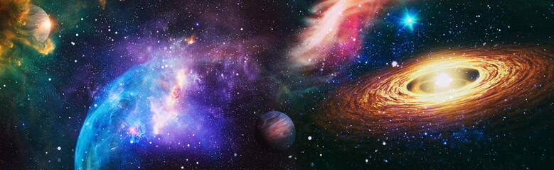 Wall Mural - stars of a planet and galaxy in a free space. colored nebula and open cluster of stars in the univer